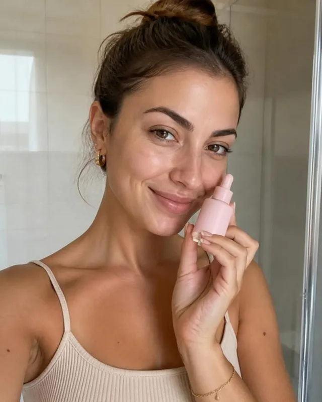 Una ragazza in un bagno luminoso tiene vicino al viso un flacone rosa di siero e sorride.