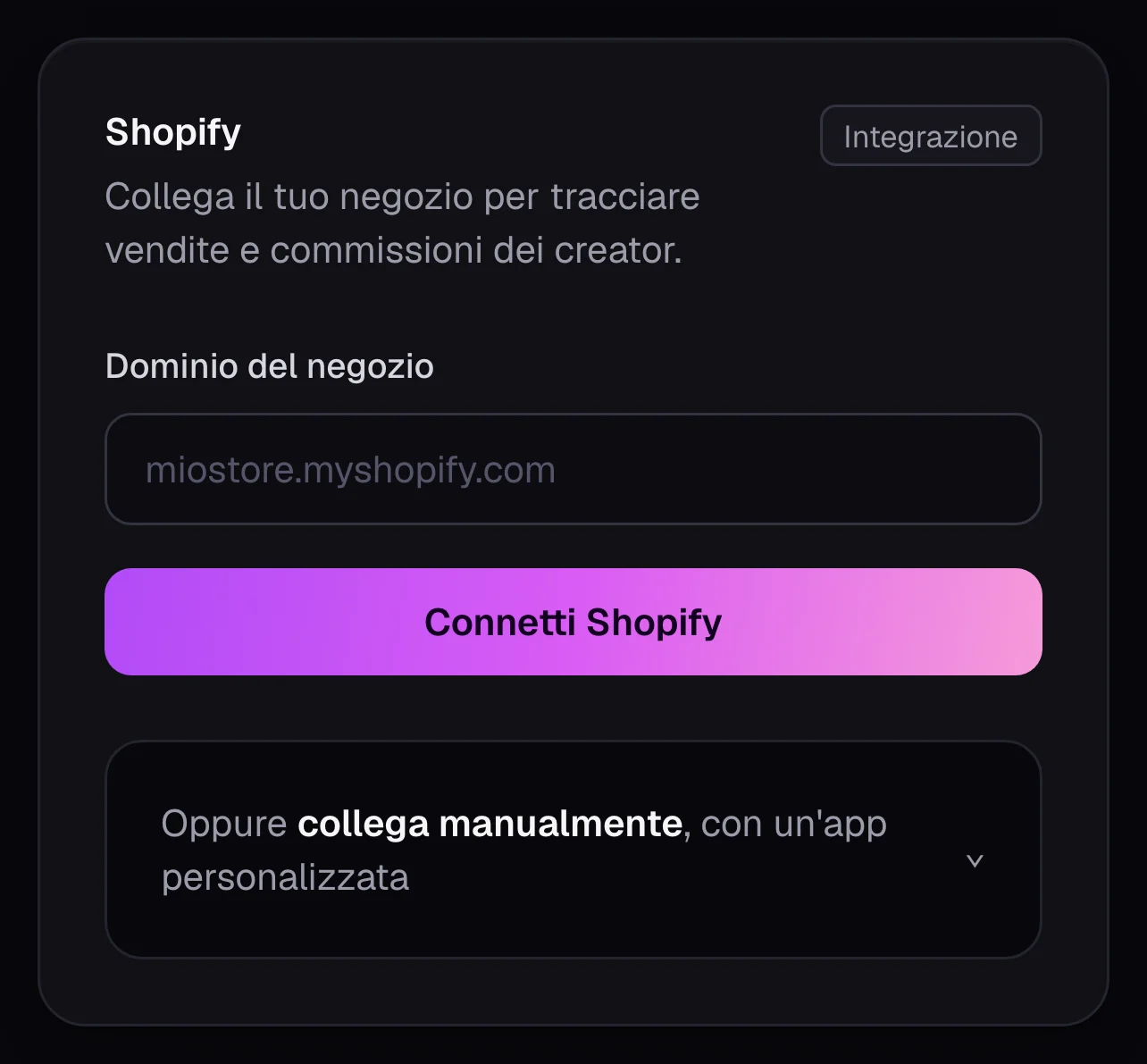 Il riquadro Shopify nelle Impostazioni di FLUX: il dominio del negozio, il pulsante Connetti Shopify e il collegamento manuale con un'app personalizzata.